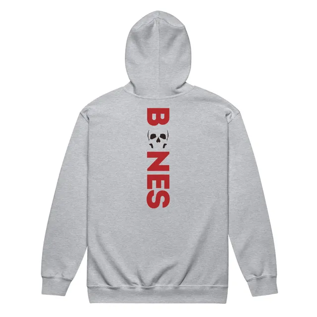 Vertical "Bones" on back Bones Zip Hoodie (Grey or White)