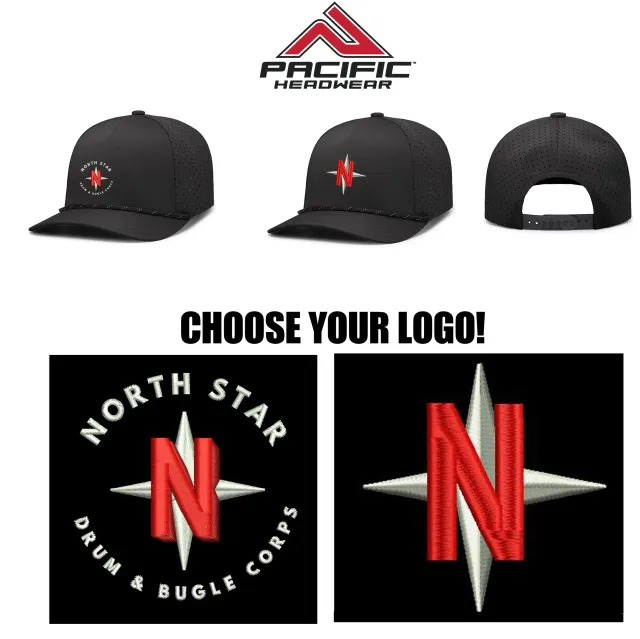 North Star Drum & Bugle Corps Pacific Headwear Weekender Perforated Snapback Cap, Black/Black/White, #P424